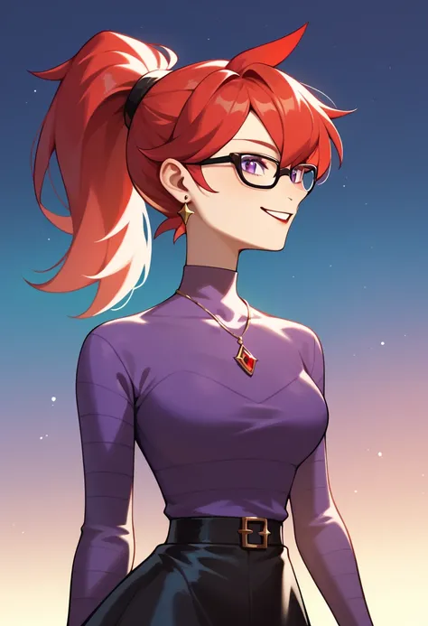 Mars, red nails, glasses, smiling, red hair, purple shirt, black skirt, ponytail hairstyle, purple eyes, gold earings, red nails