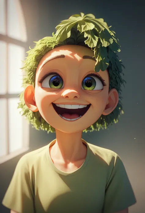 pixar style, a broccoli,  as a pixar character, cute, big smile, laughing (best quality), (masterpiece), (best lighting), (high detailed skin:1.0),( detailed eyes), 8k uhd, dslr, soft lighting, best quality, film grain, Fujifilm XT3,