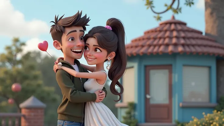 Un couple homme et femme qui sourit et qui saiment dans un style pixar