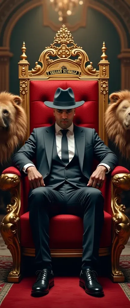 A high-quality image of a gangster-style profile picture of a man wearing a suit and a sheriffs hat, sitting on a royal throne. The man has a masculine and youthful appearance. There are two lions next to the throne. The background is a royal palace. At th...