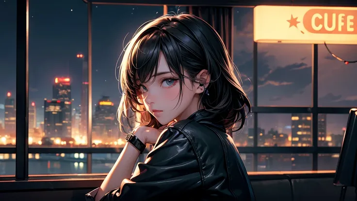 ((masterpiece)),((( best quality))),(( ultra detail))   curved ,  1 girl, beautiful,   glare of neon lights around the headphones , Enjoying a hot cup of coffee alone, Late Night Cafe,  Back to, city,  starry sky , cloud,   knight .