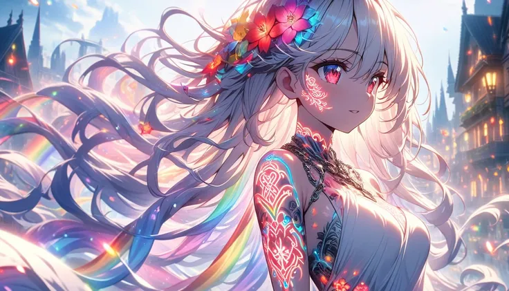 a beautiful anime girl, detailed face and body covered in neon glowing flower and chain tattoos, arm tattoos with a mix of white and red, rainbow and white lighting, flowing hair, soft focus, magical glowing tattoos, dark buildings in the background