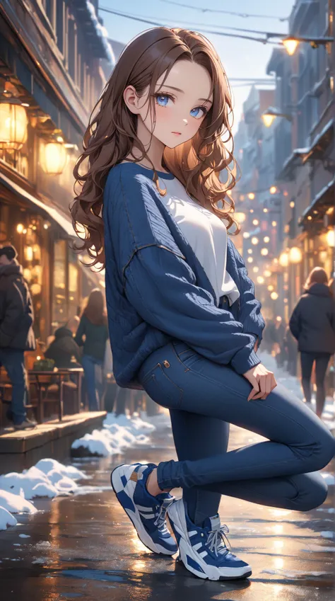 A youthful female with blue eyes and long brown wavy hair with perfect body:1.1 and medium breast. She is wearing a blue-denim skinny jeans and black-and-white sweatshirt with blue sneakers. Outdoor setting in winter. Fashion photography. Looking at viewer...