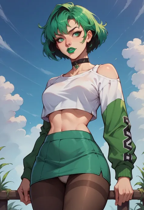 score_9, score_8_up, score_7_up, source_anime BREAK 1girl, solo, gwentd, two-tone hair, green hair, two-tone hair, shirt hair, green eyes, lipstick, choker, crop top, long sleeves, midriff, skirt, pantyhose, white panties,