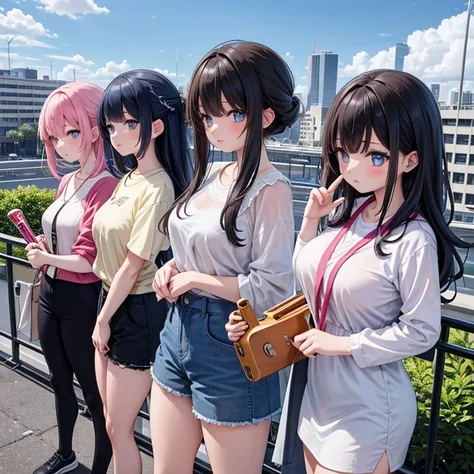   a girl band of 3,Everyone is playing a musical instrument,Mr.々A pose,Various hairstyles and hair colors,Big Breasts, 露出の多いMr.々What plain clothes shorts,Located in the city,Picture seen from afar,Setting diagram, Overlooking,  high definition , masterpiec...