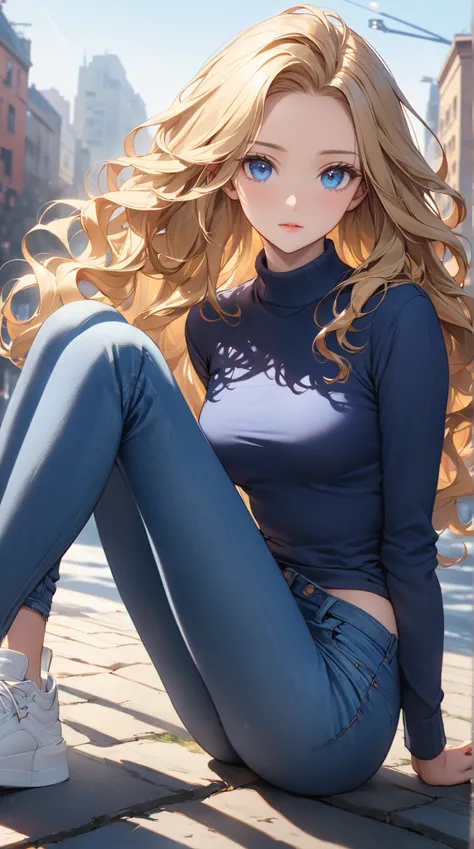 A youthful female with blue eyes and long blonde wavy hair with perfect body:1.1 and medium breast. She is wearing a blue-denim skinny jeans and dark-blue shirt with white sneakers. Outdoor setting in winter. Fashion photography. Looking at viewer. (Best q...