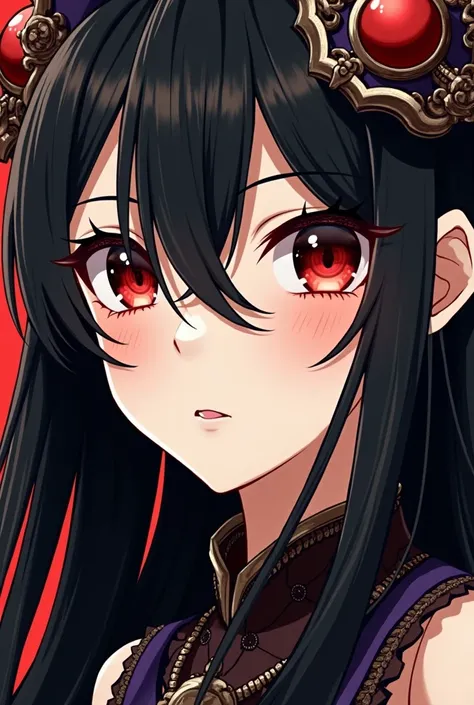  close-up of a woman, wearable van de terny ,  with long black hair , with red eyes and in anime drawing. You like this art , do similar.