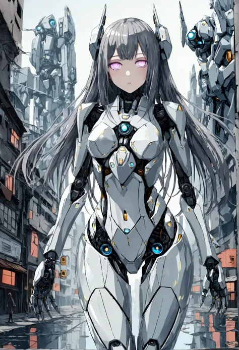 ((robot girl, mecha)), glowing eyes, delicate face, broken armor, mechanical aura, mechanical arm, gray hair, long hair, ceramic body, thigh gap, small breast, cyber background, very fine city, (translucent, reflective skin), 8k, best quality, ultra-detail...