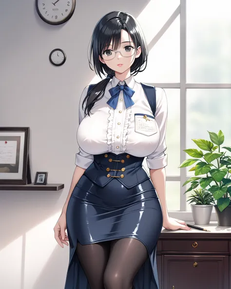  Masterpiece, 1 Guild Receptionist ,　pen and documents:1.5 ,((Guild Receptionist Uniform:1.4)), Corset Vest ,((Long tight skirt with slits :1.4)),,Silver glasses,(( Black Knee High Tights:1.2)),Height: 165cm, beautiful body line ,Big Breasts,(( hang a low ...