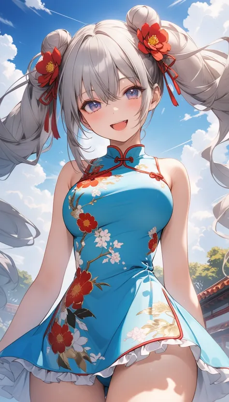 (nsfw:1.5), 1girl, solo, sexy girl, 18 years old, long hair, looking at viewer, happy, hair ornament, hair between eyes, bare shoulders, twintails, Floating hair, large breasts, (cowboy shot:1.5), grey hair, hair ribbon, :d, detached sleeves, hair flower, ...