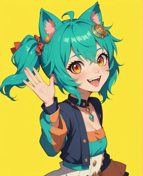 (masterpiece, anthropomorphic fantasy anime style, creative art), a cartoon girl with green hair and waving cat ears, moe anime art style, catgirl anime, flat anime style, in the 80s anime art style, anime girl with teal hair, fursona art, in anime style, ...