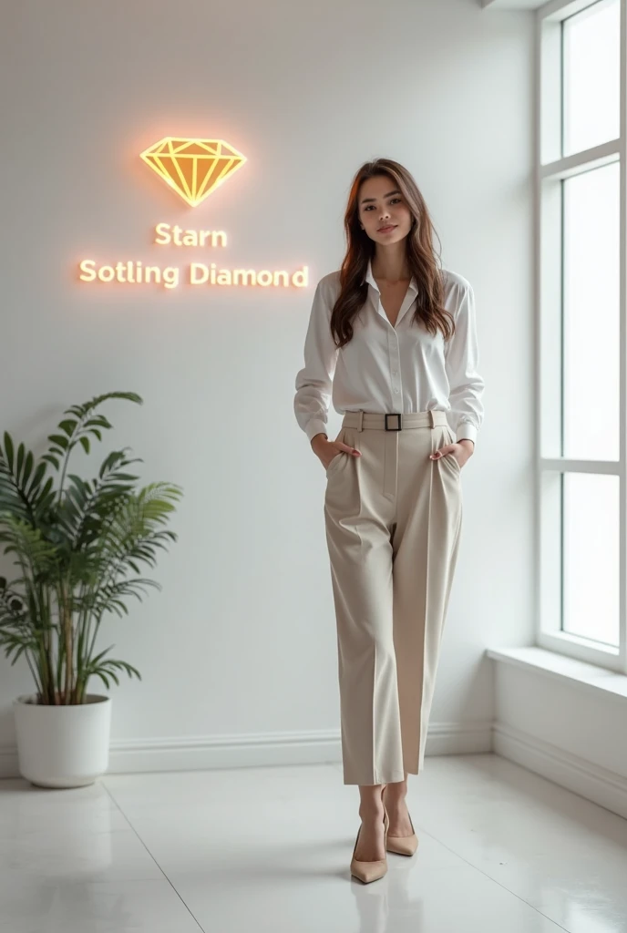 Generate a beautiful super realistic fashion office for a young and decently dressed Boss lady, with a minimalist aesthetics of a white background. There should be a logo of a glowing Diamond and a company name(Glowing Diamond Apparel)written on the wall.