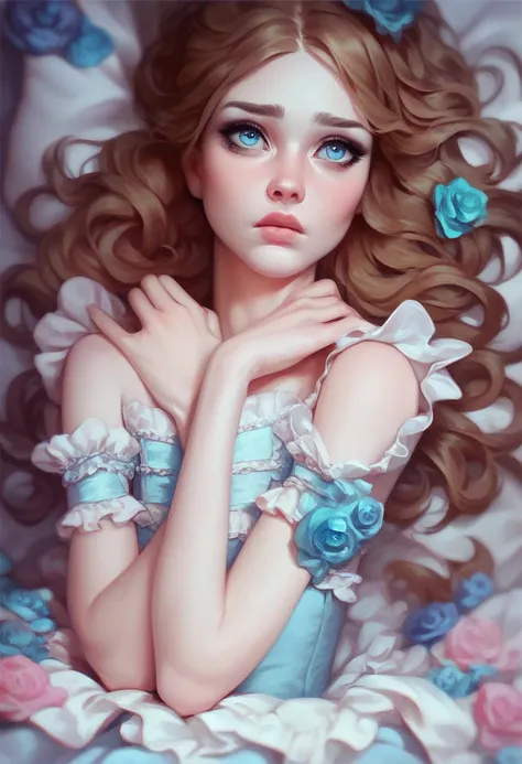 dark brown haired young girl looking at the camera in a cozy bedroom, ice-blue eyes, colorful thick lips, wearing a mini dress, pale skin, no makeup, high quality, skinny lolita girl, shy expression