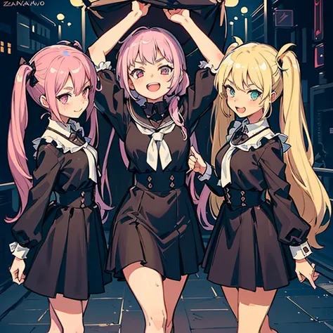 4 Girls with pink hair, long twintail hairstyle, small bushy eyebrows, wearing gothic lolita clothing, (Zankuro) drawing style by zankuro artist, Zancrow style, image uploaded to R34, walking to school, flirty smile, , lifting her skirt to show her vagina ...