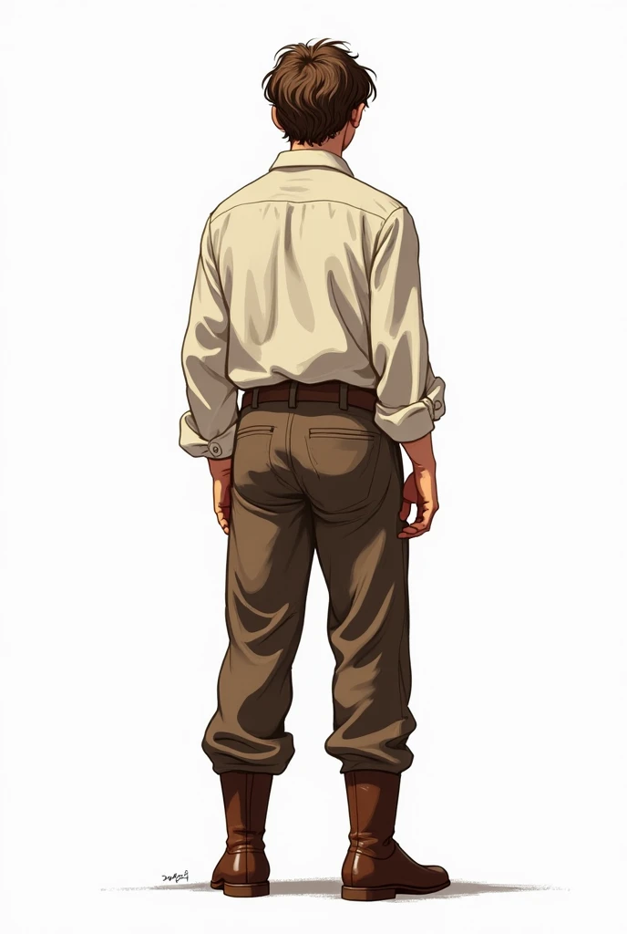  Young man with wavy brown hair, wearing a cream shirt ,  brown pants and brown boot ,  with back to the camera ,  white background, Realistic drawing 