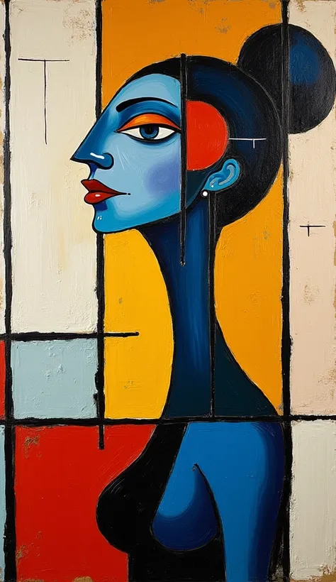 abstract painting of a woman, painted in art style of Pablo Picasso and Piet Mondrian, with vertical and horizontal lines crossing the woman figure, blending the styles of Picasso and Mondrian