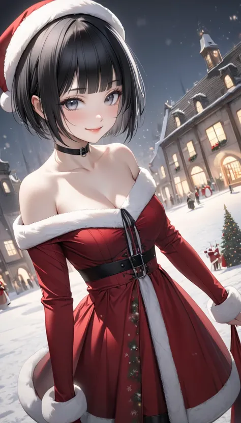  one woman。
 realistic drawing。 high image quality。 High Quality 。 aerial perspective 。solo。Pale colors。
 black hair。 straight hair 。 pixie cut。
 gray gradient eyes。( squinting:1.1)。
 soft smile。
（ slender 。 small tits。） Off Shoulder。 no bra。 Gothic Dresse...