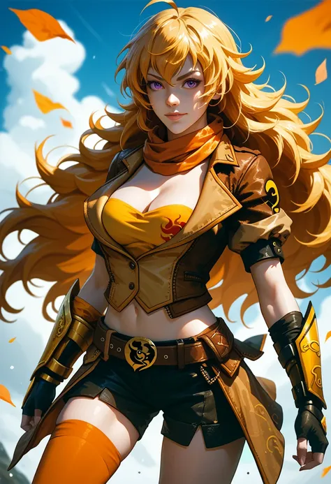 (Yang Xiao Long) from "RWBY", rwbyyangs1, brown jacket, short sleeves, vambraces, black gloves, fingerless gloves, black shorts, belt, orange thighhighs, single thighhigh, orange scarf, midriff, cleavage 