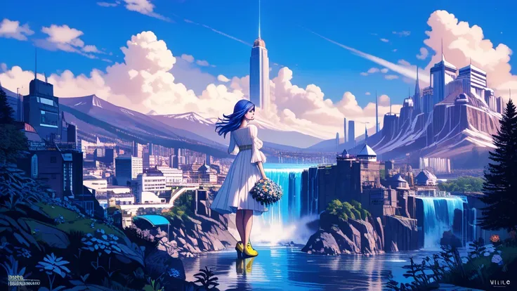 solo, girl((trunsaya:1.0),future,Trunks,20 years old, long white dress, blue eyes, black pupil, long blueberry hair, yellow shoes with black tips,back view,full body,holding bouquet) standing on top of skyscraper. background((village view:1.4),(waterfall:1...