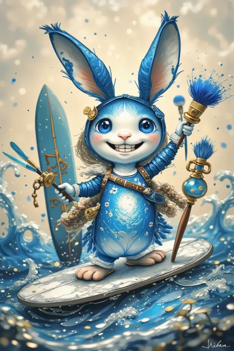 Ink painting style，A cute blue and white rabbit，Holding painting tools as weapons，Smiley Face，surfboard，Sing，wave，Dynamic，SeaArt