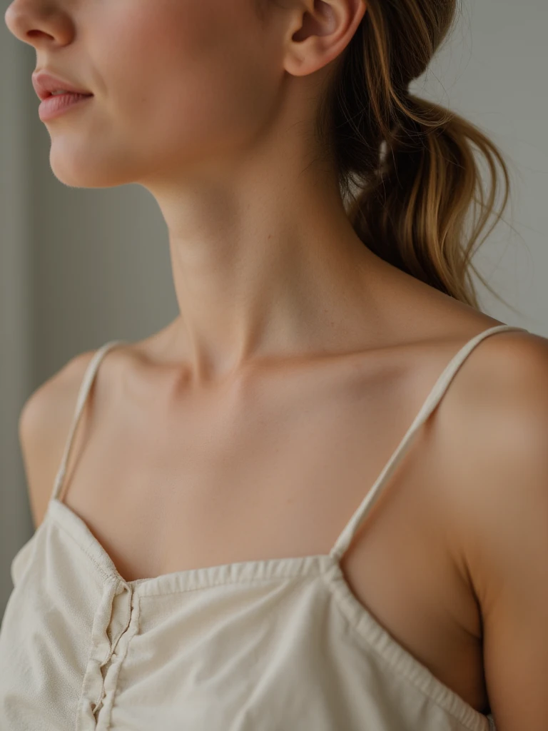 ultra realistic,  close-up of a woman, 25 years old, elegant dress, neck, привлекательная neck, focus on shee,  Close-up of the upper body, neck увеличена,  light background, nsfv blocked,  natural skin texture ,  different poses