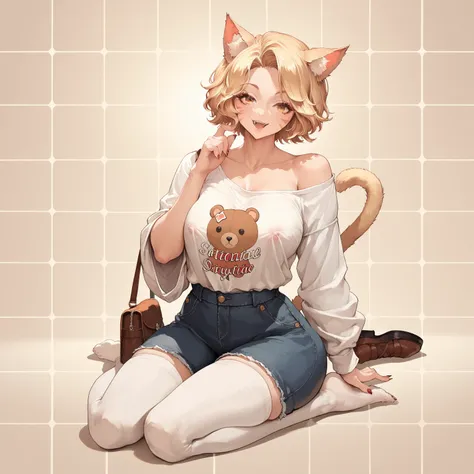 (masterpiece, anthropomorphic fantasy anime style, creative art), anime girl sitting on a tiled floor with her hand up, teddy bear print shirt, off-shoulder, in an anime style, moe anime art style, anime catgirl, animed style, !!full body portrait!!, anime...