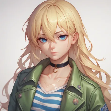 oil painting, 1girl, rachel gardner, satsuriku no tenshi, solo, long hair, blonde hair, blue eyes, striped shirt, shirt, white background, hair between eyes, striped, choker, looking at viewer, jacket, upper body, white jacket, simple background, collarbon...