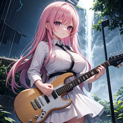   A girl playing an electric guitar while getting wet in the midst of lightning and heavy rain, A tight white dress ,Mr.々A pose,Various hairstyles and hair colors,Big Breasts, Angle of view where the whole body can be seen from a distance ,Setting diagram,...