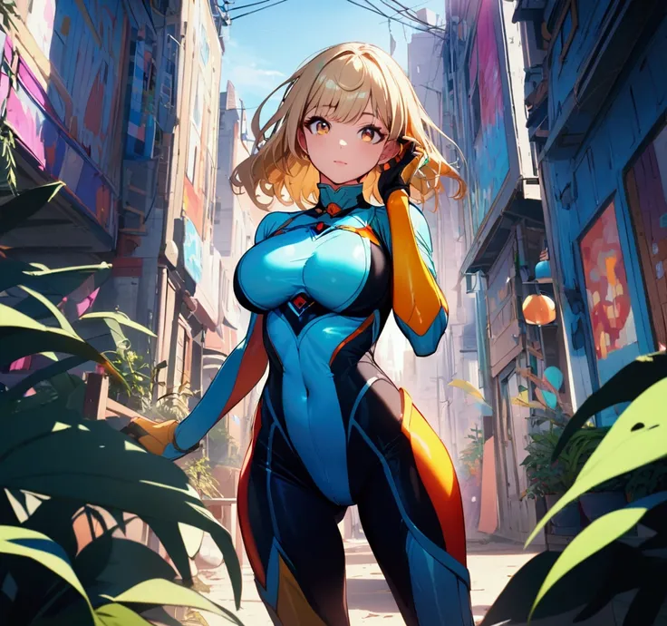 A girl with short blonde hair and large breasts in a multicolored bodysuit standing and looking at the viewer.