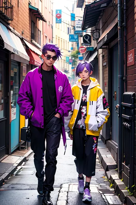 The guy with purple hair. It stands, looking in the unknown direction, his clothing style is quite unusual, reminiscent of street style, but cooler. He&#39;s waiting for something, maybe friends, or just resting. His hairstyle is a ponytail, and a few curl...