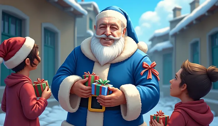 A illustration of a man 50 year old dressed with blue and white dress of Santa Claus handing out toys with joy to poor s. On the left a well integrated blue, light blue and white 3D text “NAVIDAD CAMPORISTA”.
