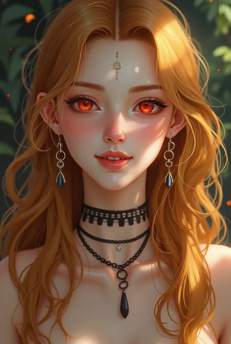 High resolution,  red eyes , golden hair,  circle ear rings , I smile,  simple background, jewelry, 