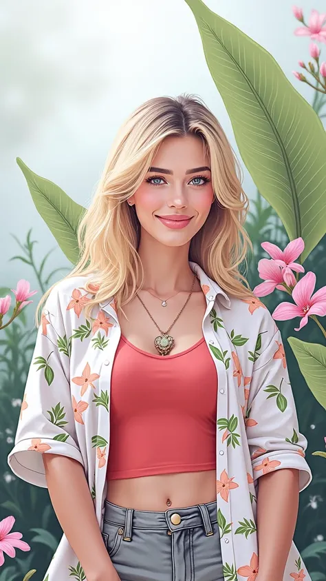  A Brazilian woman in a lush tropical garden,  wearing an open shirt with floral print ,  with a close up capturing the harmonious beauty between her breasts and natural flowers,  showing your natural charm and outgoing personality.