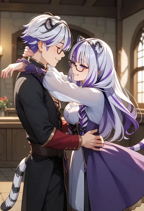 ((masterpiece)), 1boy, 1girl, long hair, white tiger ears, white tiger tail, purple eyes, girl about to Kiss boy, girl with white hair, boy with purple hair, boy wearing glasses, happy couple, multicolored hair, boy with messy hair, purple clothes, black c...