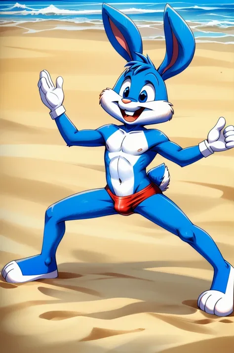 Cartoon rabbit guy blue hair full length slim skinny in red speedo on the beach with a happy face