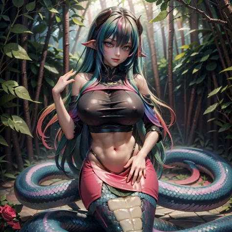  luscious sexy Lamia  , Giga breasts , Rainbow hair, volumizing hair, Asymmetrical Hairstyle,  taile ist ein schlangenschwanz, high resolution, 8k,    vice photography style   ,    perfect composition   , detailed snake skin, black horns,    beautiful eyes...