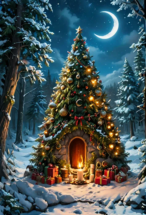 score_9, score_8_up, score_7_up, score_6_up, score_5_up, score_4_up, oil color art, an epic Christmas tree filled with lamps, candles, standing in the snowy forest under the crescent moon at night, starry night, , Cinematic Shot, d4rk01l