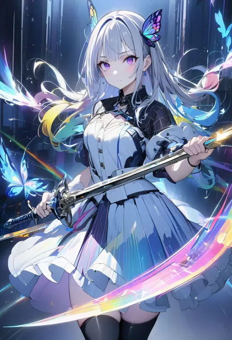 (masterpiece,   top quality:1.2,超 high definition , high definition ), colorful ,   1 girl, Grey Hair,  purple eyes,  Destroy reality二重の結婚 , sword,  sword, Blue Flame, Shine, Shine武器,  Particles of light ,  wallpaper,   Color Assessment   ,  The skin is sh...