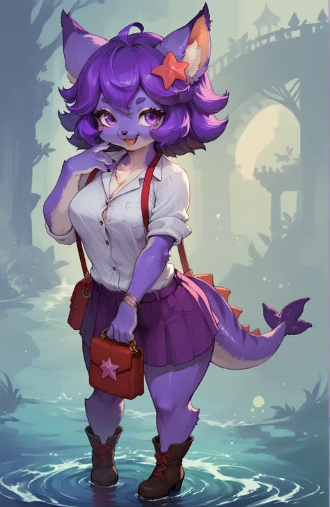 (masterpiece, anthropomorphic fantasy anime style, creative art), solo, drawing of a cartoon character with a purple outfit and a red bag, kemono starfish girl, monster girl, cartoon cute, anthropomorphic, smile, shading!!!, anthropomorphic, chibi, like a ...