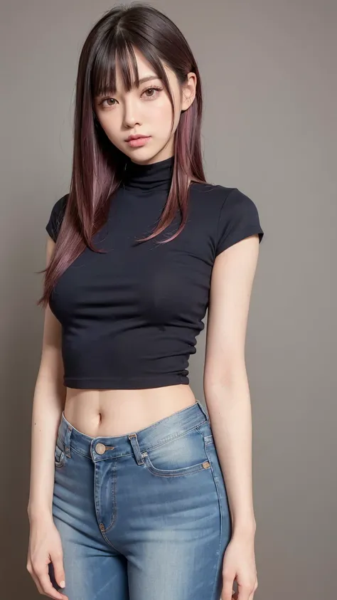 Girl. (High neck T-shirt.) (Dark blue skinny jeans. These jeans are low rise jeans.) (Low waist.) (With bangs, flashy hairstyle, hair length is free, pink hair) (Japanese, Asian,) (Red eyeshadow, red blush, cute, drooping corners of eyes, round face,) (Sen...