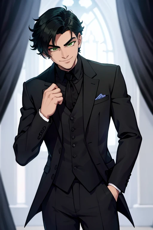 Perfect face. Perfect hands. A black haired man with green eyes and short hair in a Gothic suit is smiling while leaning forward in a Gothic ballroom