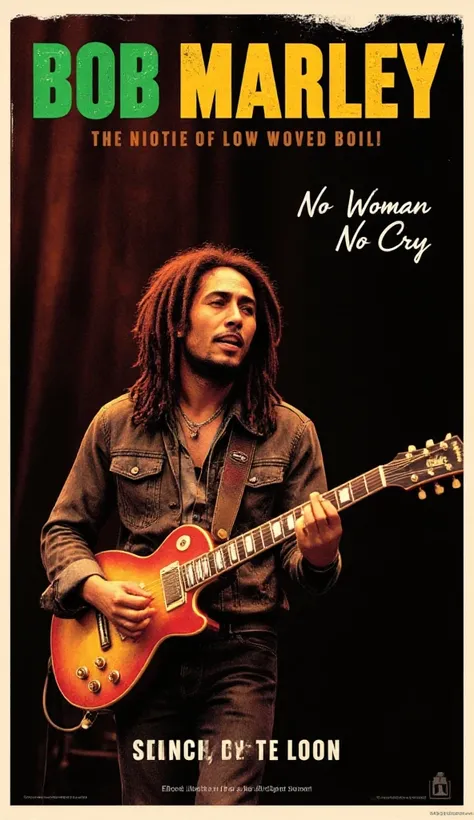 allposter, Create a warm, earthy poster for a Bob Marley tribute or concert event. The central image should show Marley mid-performance, with his iconic dreadlocks and guitar. Use a rich, natural color palette with greens, yellows, and reds, incorporating ...