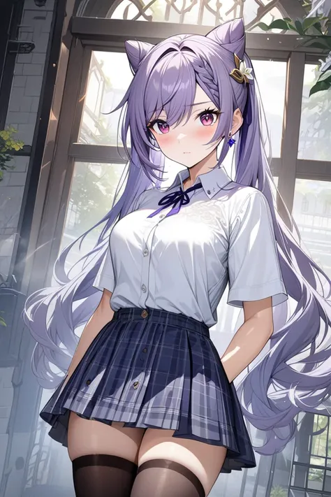 masterpiece, best quality, ultra detailed, high resolution, super fine illustration, Keqing (genshin impact), 1girl, solo,blush,purple eyes,purple hair,cone hair bun,long hair, swept bangs, braid, braided bangs, medium breasts, casual style,collared shirt,...