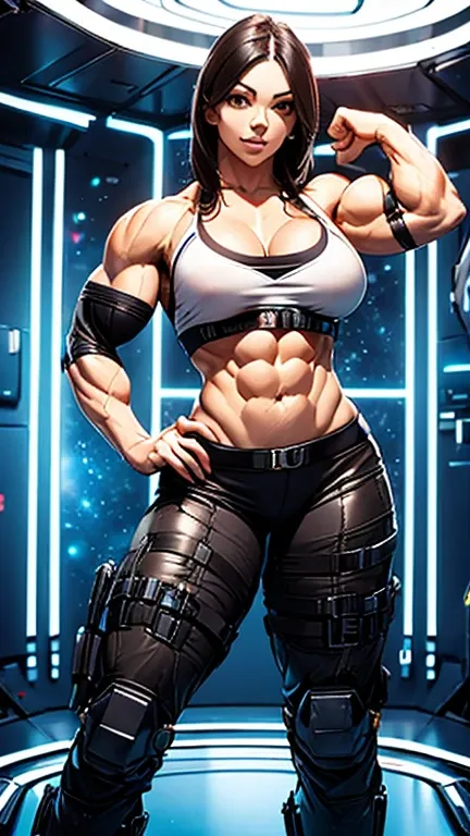 Denise Milani female bodybuilder, she is very muscular and beautiful, massive bulging musculature, she wears sci-fi power armor, armor plates, synthetic cyberpunk muscles,  she flexes her mighty muscles while she stands in space ship, massive traps biceps ...