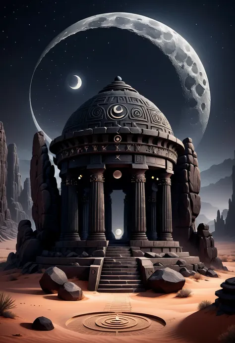 Night landscape of a desert. Black stone rocks form the structure of a circular temple with symbols that honor the moon. Dark fantasy style.