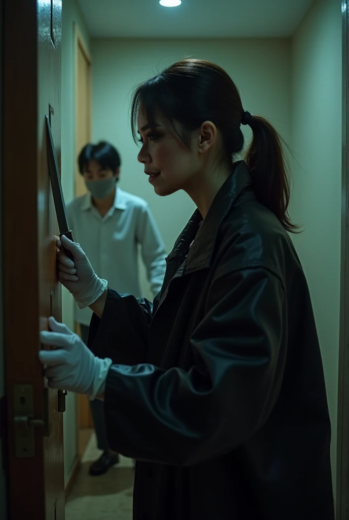 Malaysian girl, RAW, Best quality, high resolution, Masterpiece: 1.3 (behind stiff, women wearing white surgical glove ), knife, stabbing, white latex gloves, women killer,black raincoat, holding knife, living room, latex gloves, hidden, low ponytail, nigh...