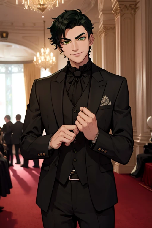 Perfect face. Perfect hands. A black haired man with green eyes and short hair in a Gothic suit is smiling while leaning forward in a Gothic ballroom