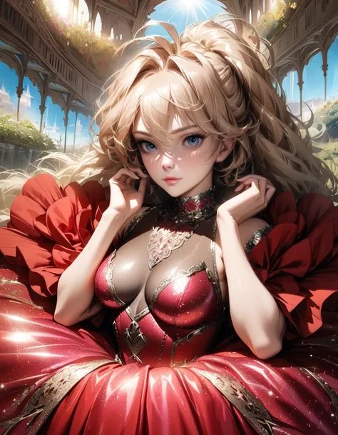 asuka, ((masterpiece)), ((Hyperrealistic)), (Detailed Background), One girl, , princess, ((Sparkling Sequin Glitter Leotard)), ,, ((Long skirt)), ((red dress)), , belt, Blonde, Ahoge, (medium breasts), (See-through cleavage cut-out), (Thighs boots ), (Thig...