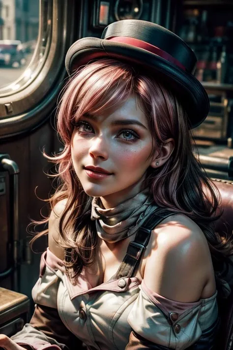 pink and brown hair, multicolored hair, neopolitanatlas, bowler hat, grey scarf, white gloves, white shirt, off-shoulder shirt, black sleeves, midriff, white belt, white pants, smile, sitting at the controls of an ancient aircraft, cowboy shot, masterpiece...