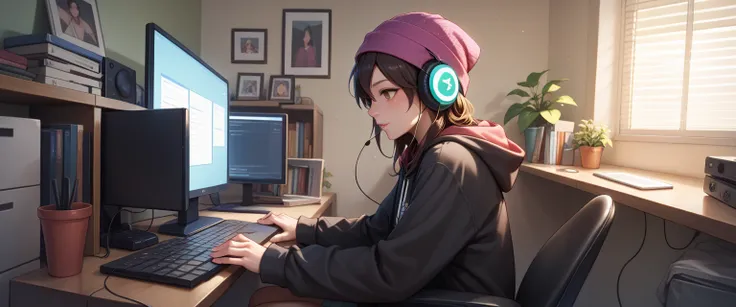 A girl sits in her darkened room, wearing a hoodie and oversized headphones. The room is dimly lit by the soft glow of her computer screen, which displays a Digital Audio Workstation (DAW) with multiple tracks and vibrant waveforms. The camera angle is fro...